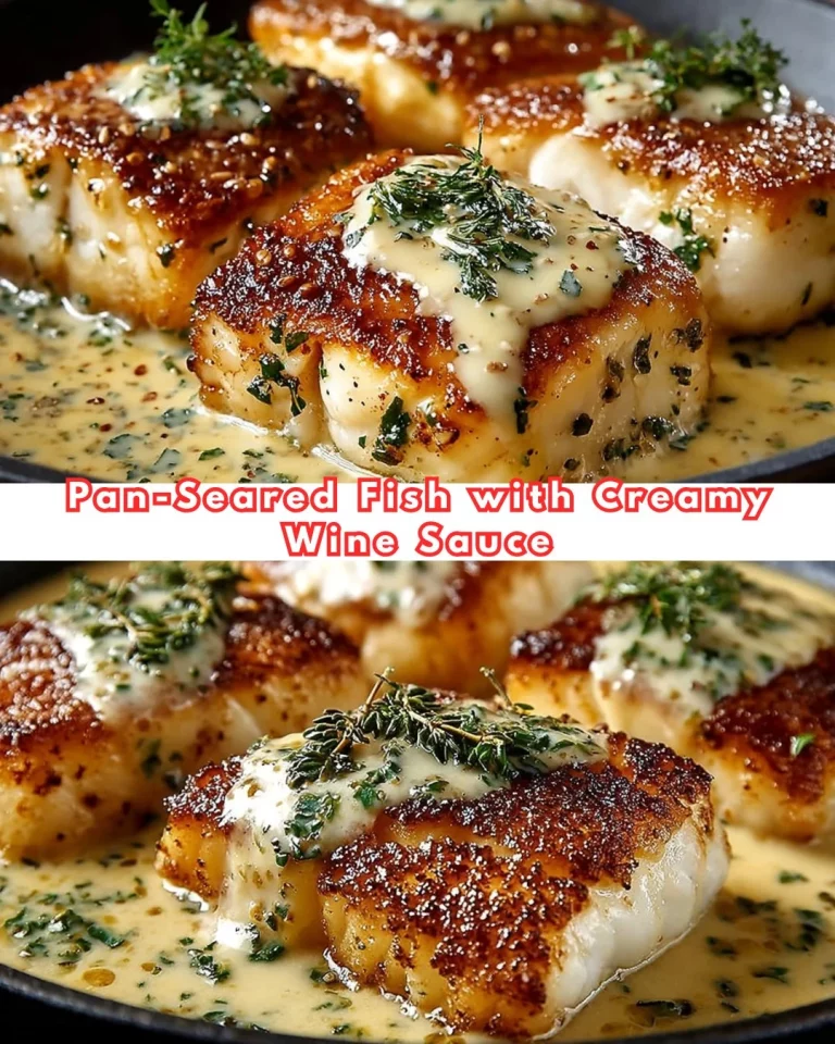 Delicious pan-seared fish with creamy wine sauce served on a plate