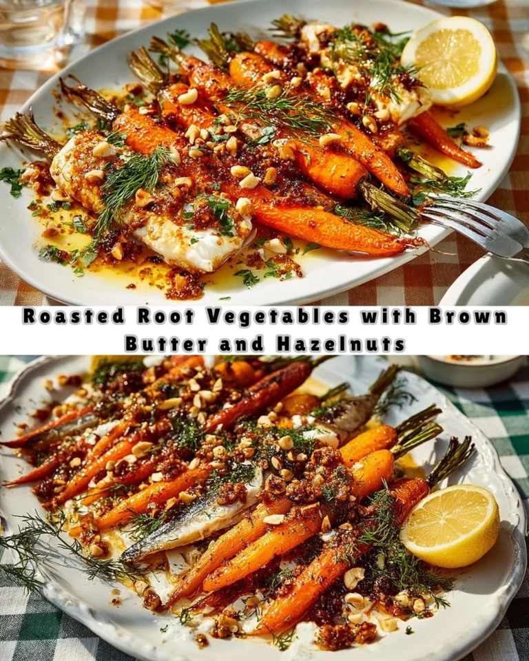 Delicious roasted root vegetables with brown butter and hazelnuts served in a bowl