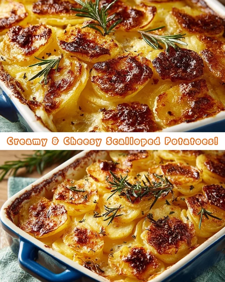 Creamy and cheesy scalloped potatoes served in a baking dish