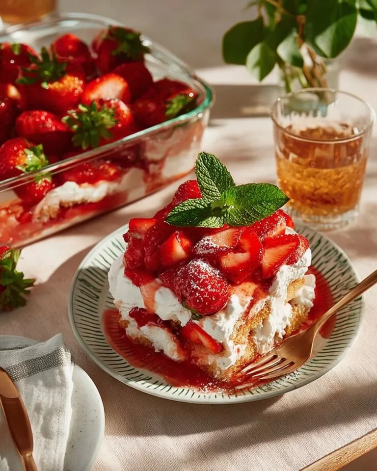 A delicious layer of strawberry tiramisu, featuring fresh strawberries and creamy mascarpone.