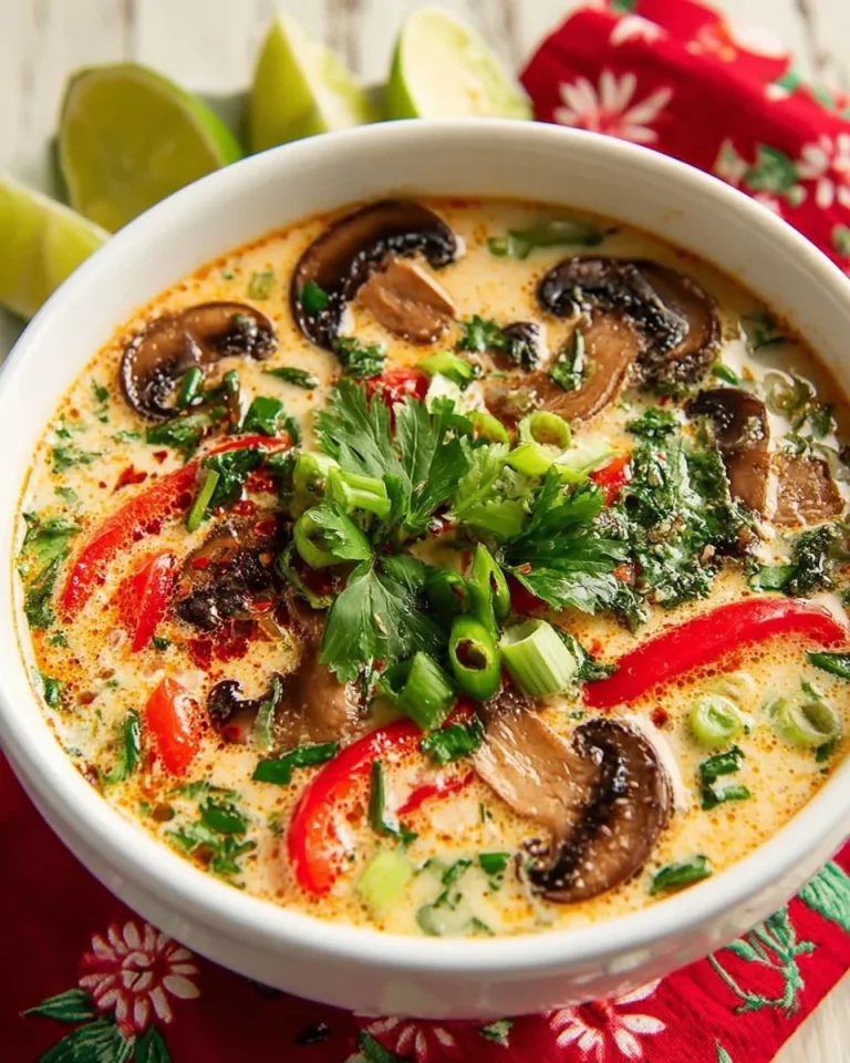 A bowl of Tom Kha Gai soup with chicken, coconut milk, and fresh herbs.