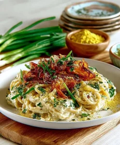Bowl of Vegan Keto Carbonara with creamy sauce and plant-based ingredients