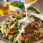 Delicious vegan mushroom risotto served in a bowl garnished with parsley