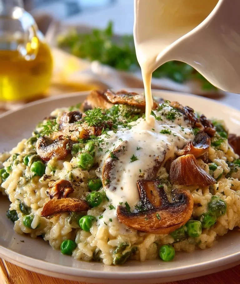 Delicious vegan mushroom risotto served in a bowl garnished with parsley