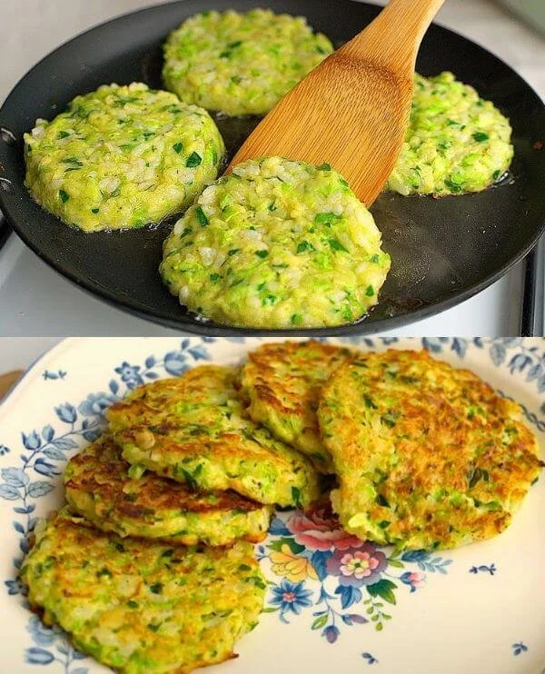 A plate of crispy zucchini rice patties garnished with herbs