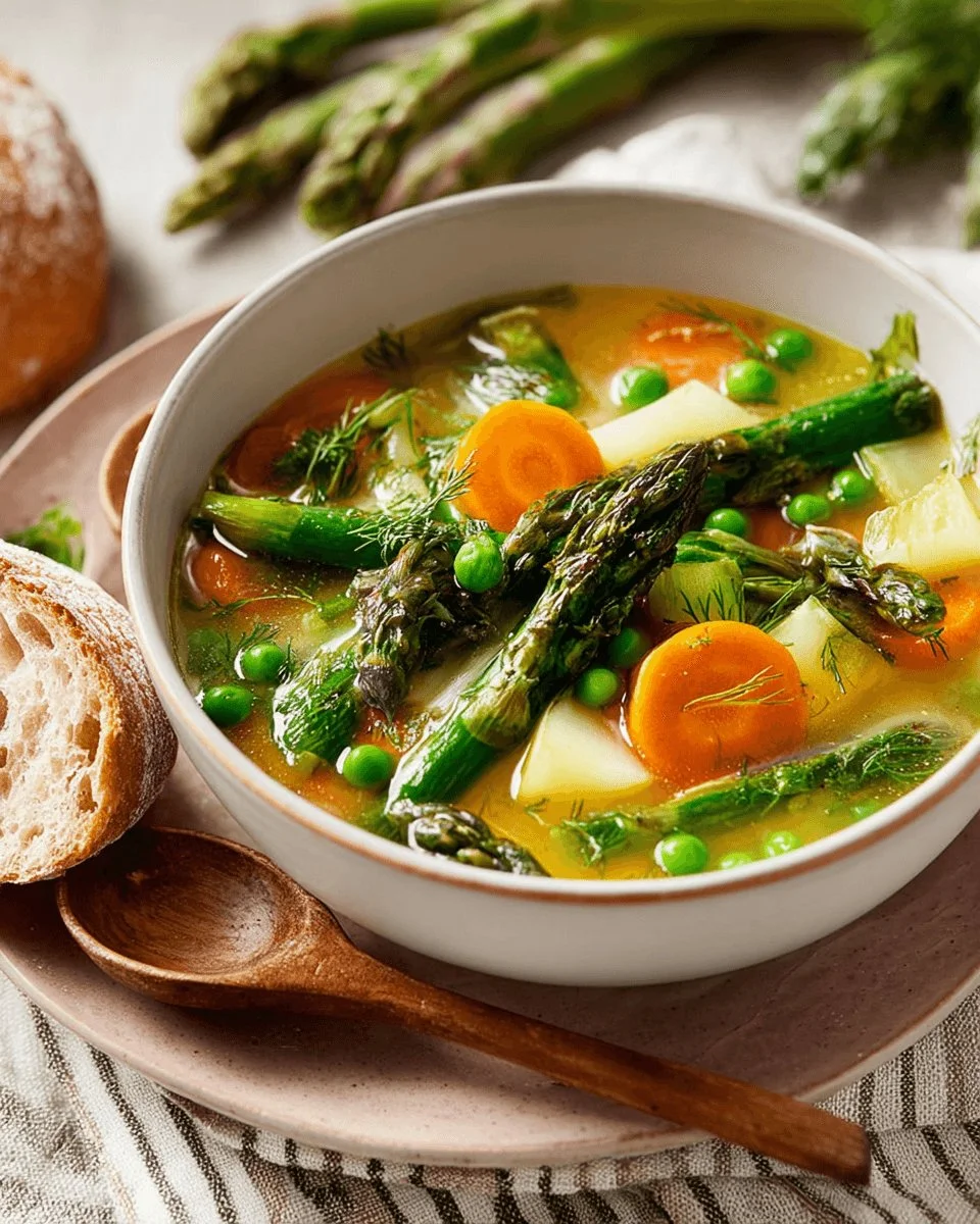 A bowl of creamy asparagus soup served with fresh herbs.