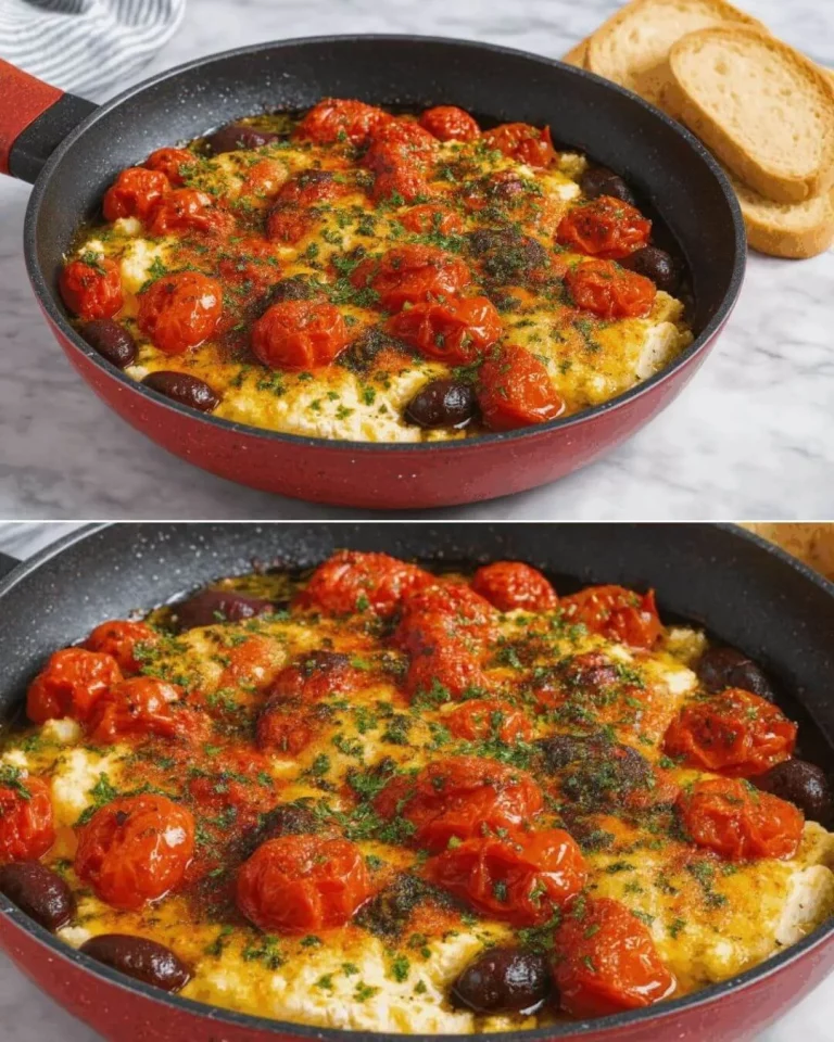 Baked feta with cherry tomatoes served in a dish