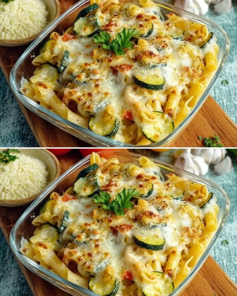 Baked Ziti with Summer Veggies topped with fresh herbs and melted cheese