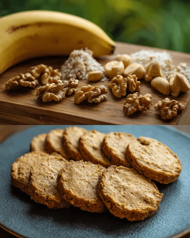 Freshly baked banana walnut cookies on a wooden table