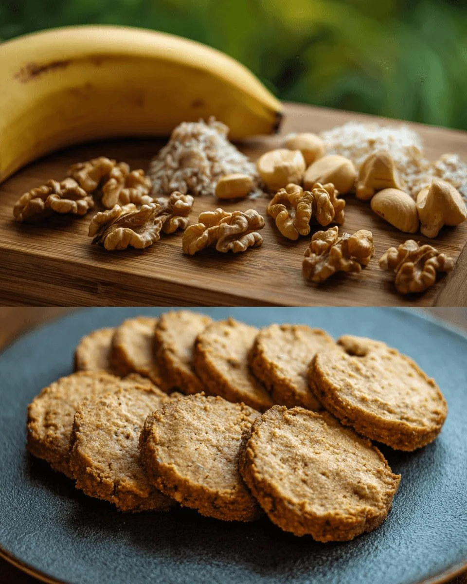 Freshly baked banana walnut cookies on a wooden table