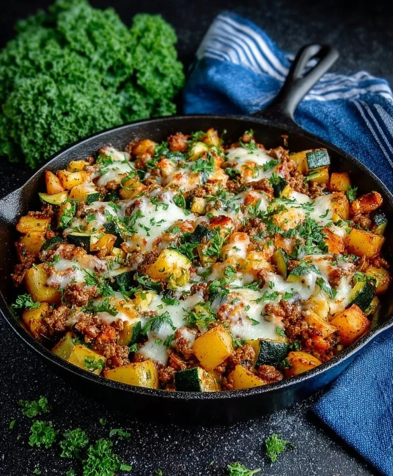 Hearty Beefy Potato Zucchini Dinner served on a plate
