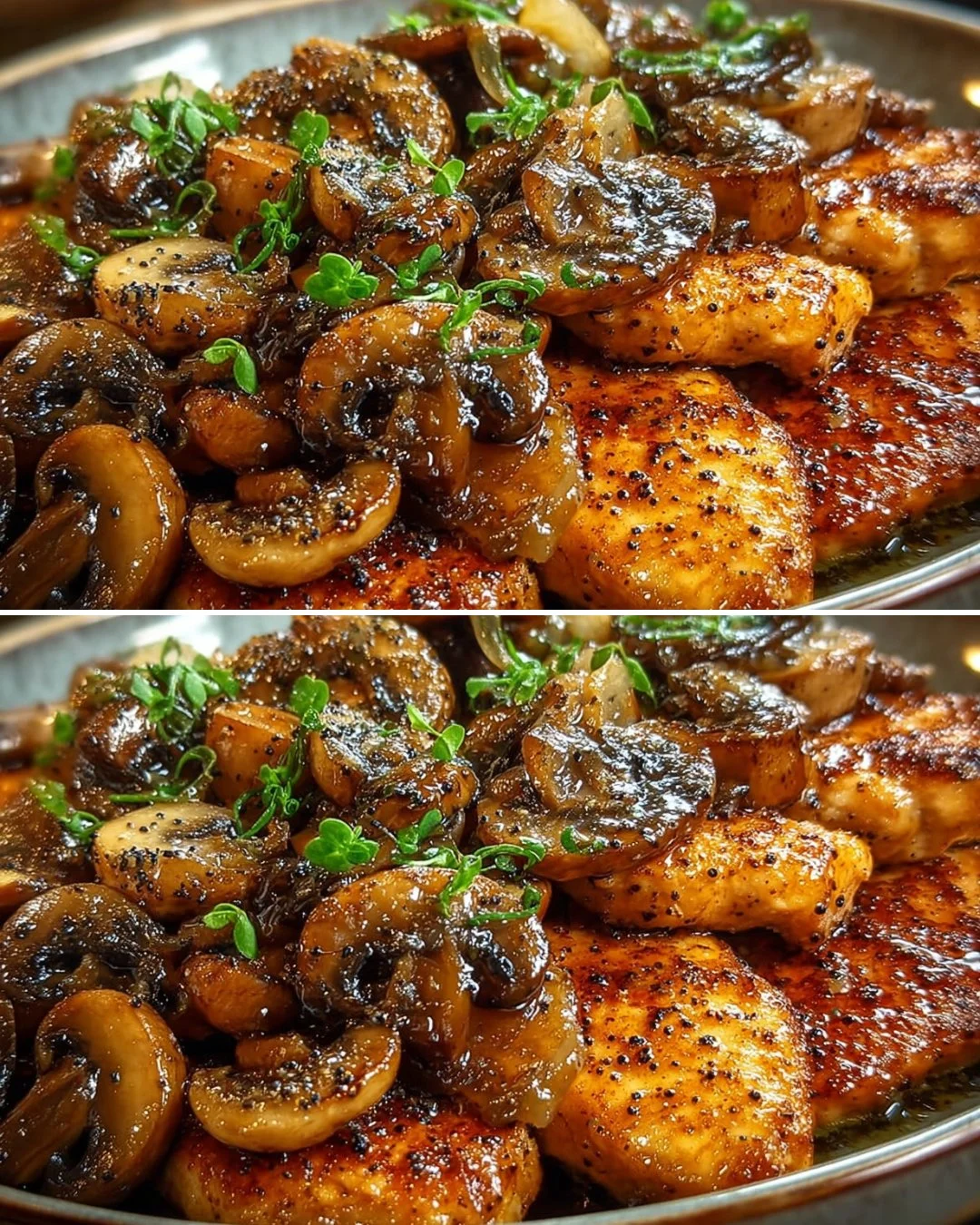 Delicious black pepper chicken with mushrooms served on a plate