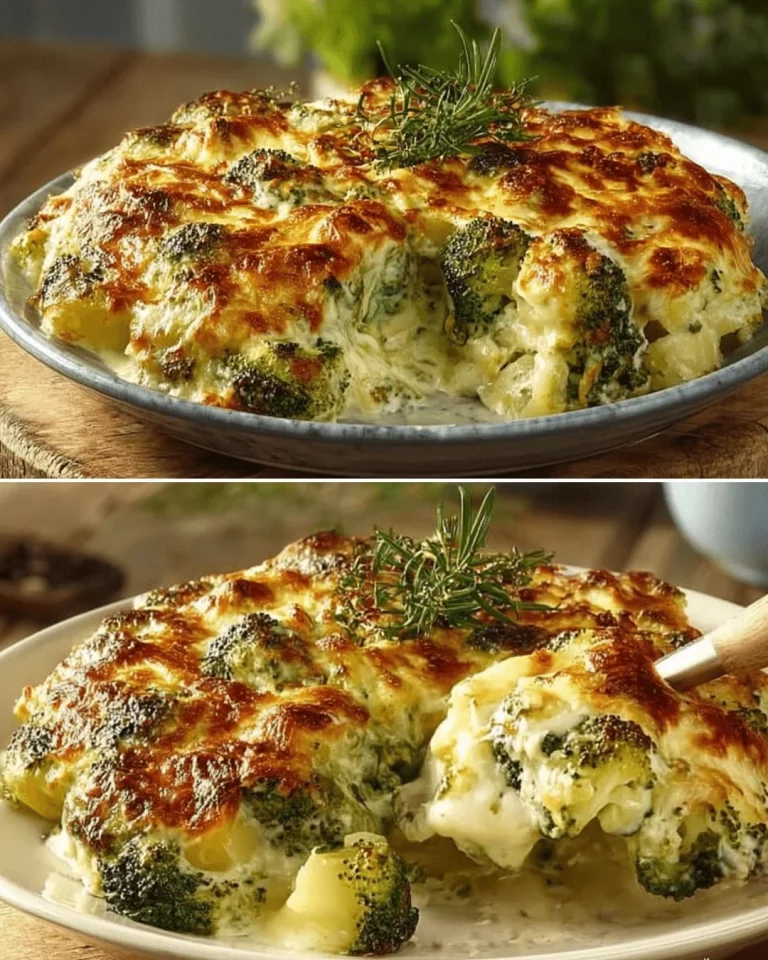 Delicious Broccoli Potato Bake with cheese and herbs in a casserole dish