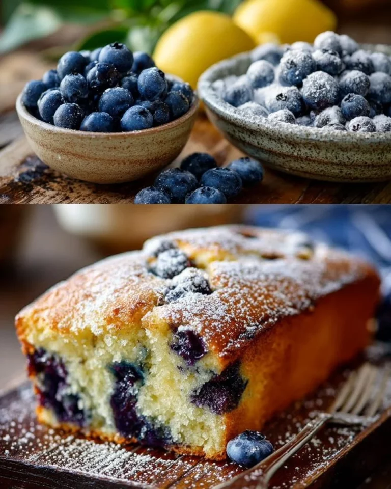 Buttermilk blueberry breakfast cake topped with fresh blueberries