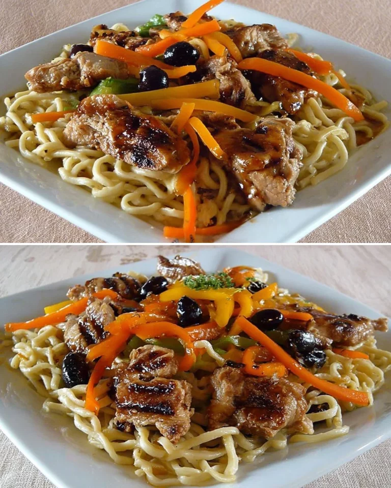 Delicious caramelized chicken served with Chinese noodles