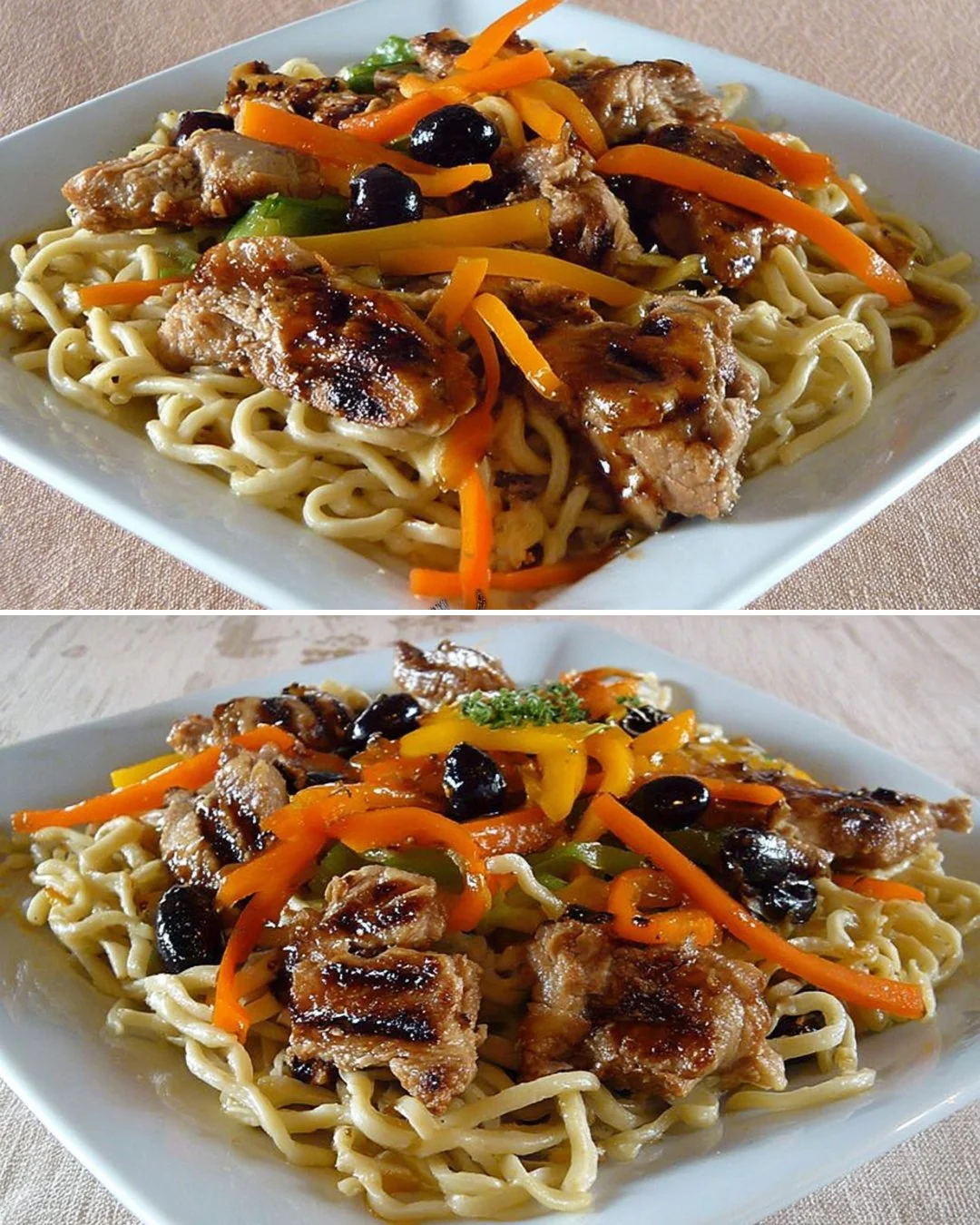 Delicious caramelized chicken served with Chinese noodles