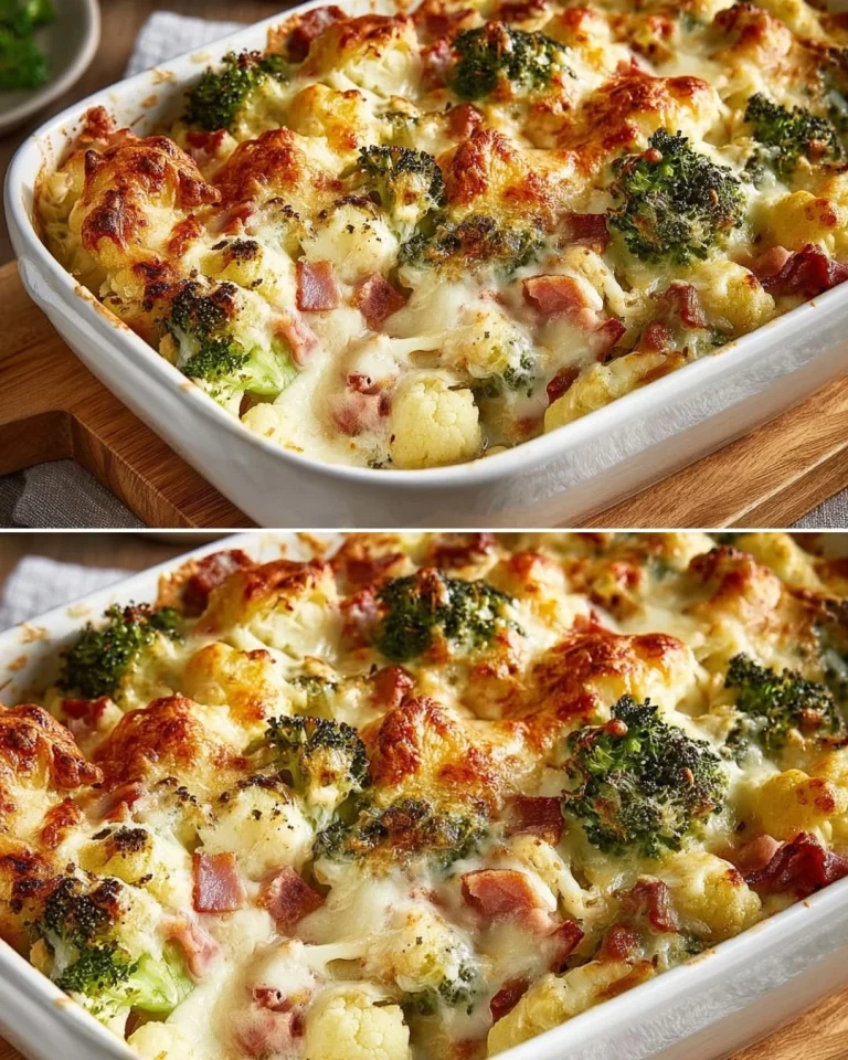 Delicious Cauliflower-Broccoli Casserole baked with cheese and herbs.