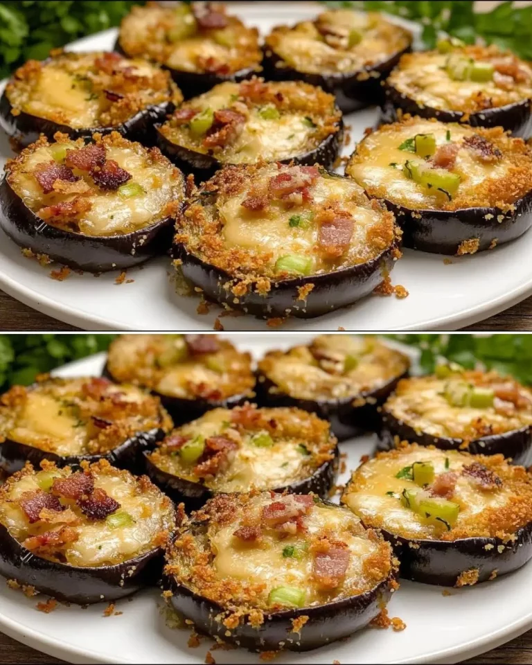 Cheesy bacon and leek stuffed eggplant on a plate garnished with herbs.