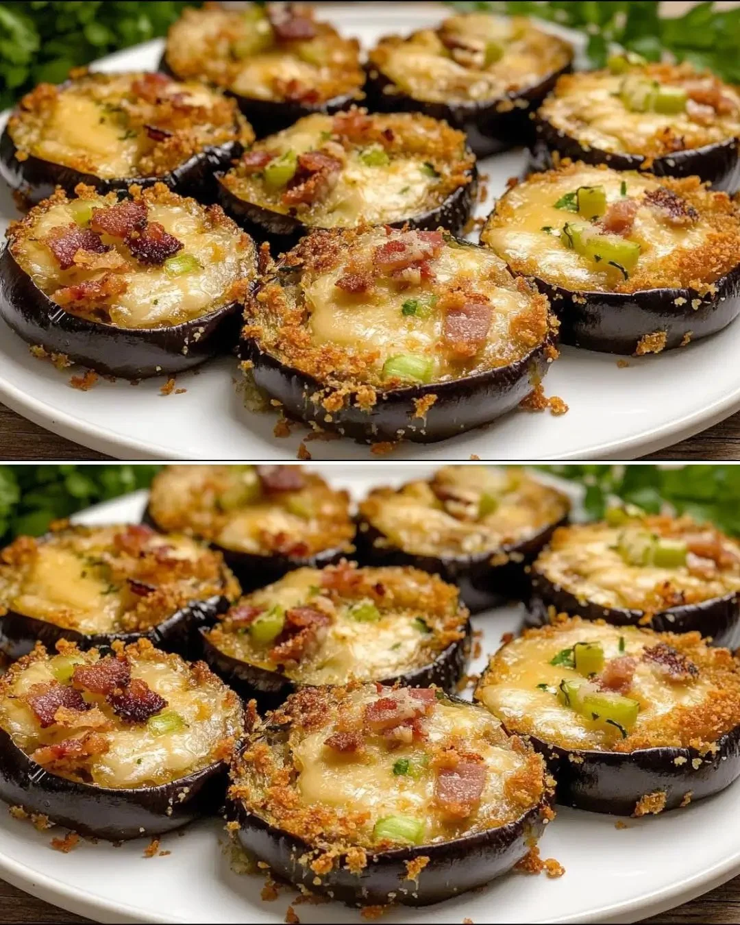 Cheesy bacon and leek stuffed eggplant on a plate garnished with herbs.