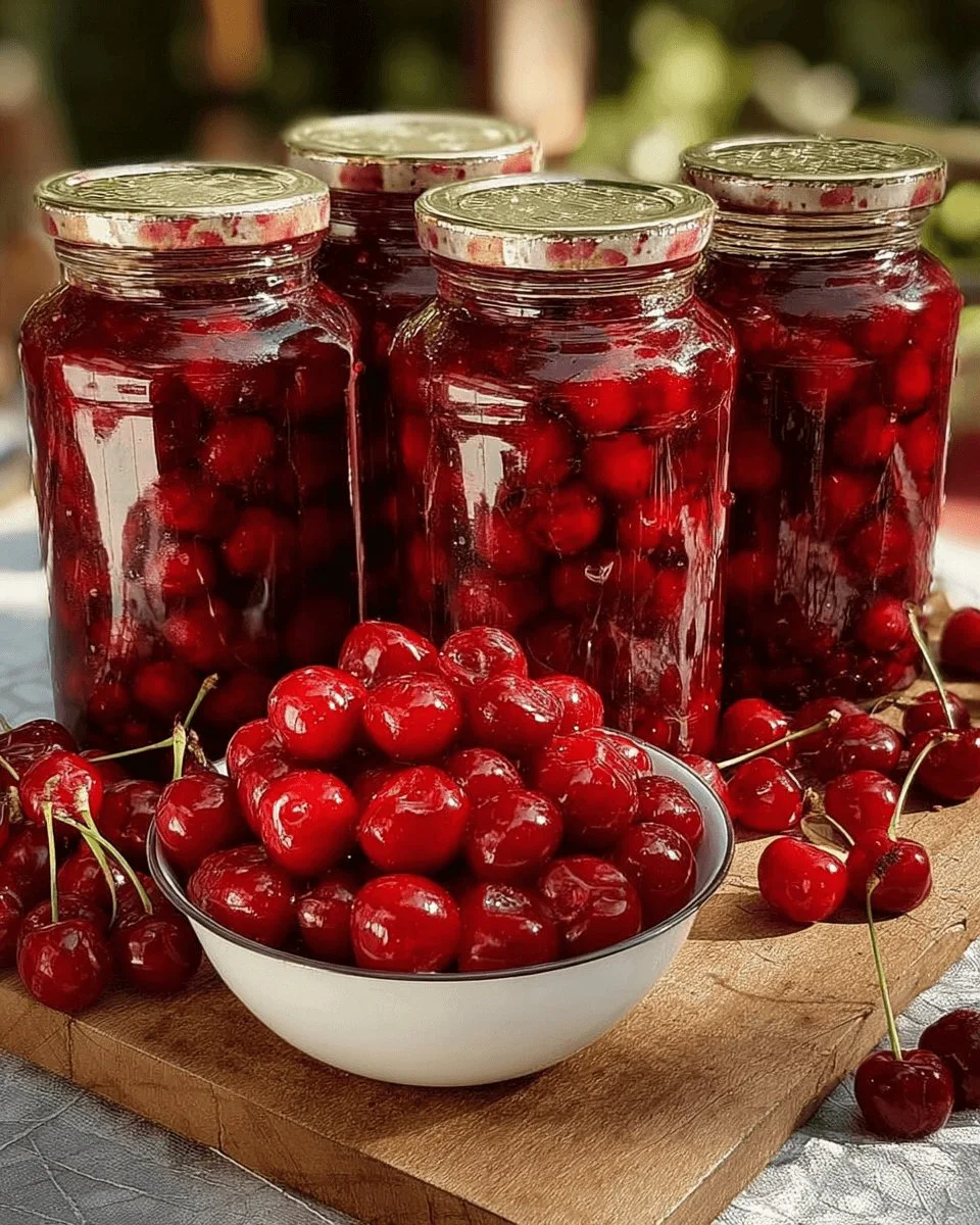 Delicious homemade Cherry Preserves in a glass jar.