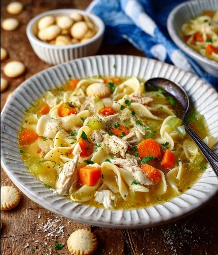 Bowl of chicken noodle soup with vegetables and herbs, comforting and delicious.