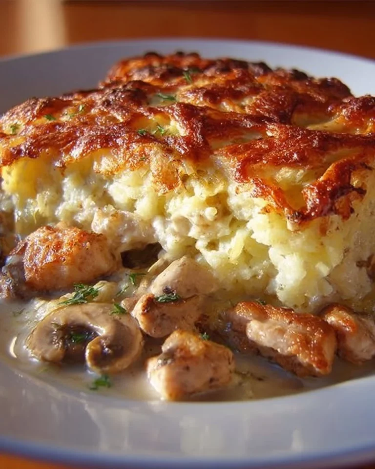 Baked chicken with mushrooms and crispy potato coat in a casserole dish
