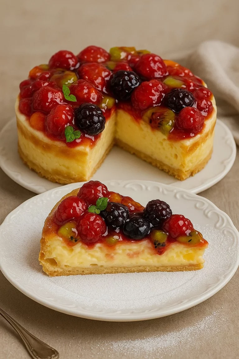 Delicious cold fruit cake with fresh fruits and icing on a white plate.