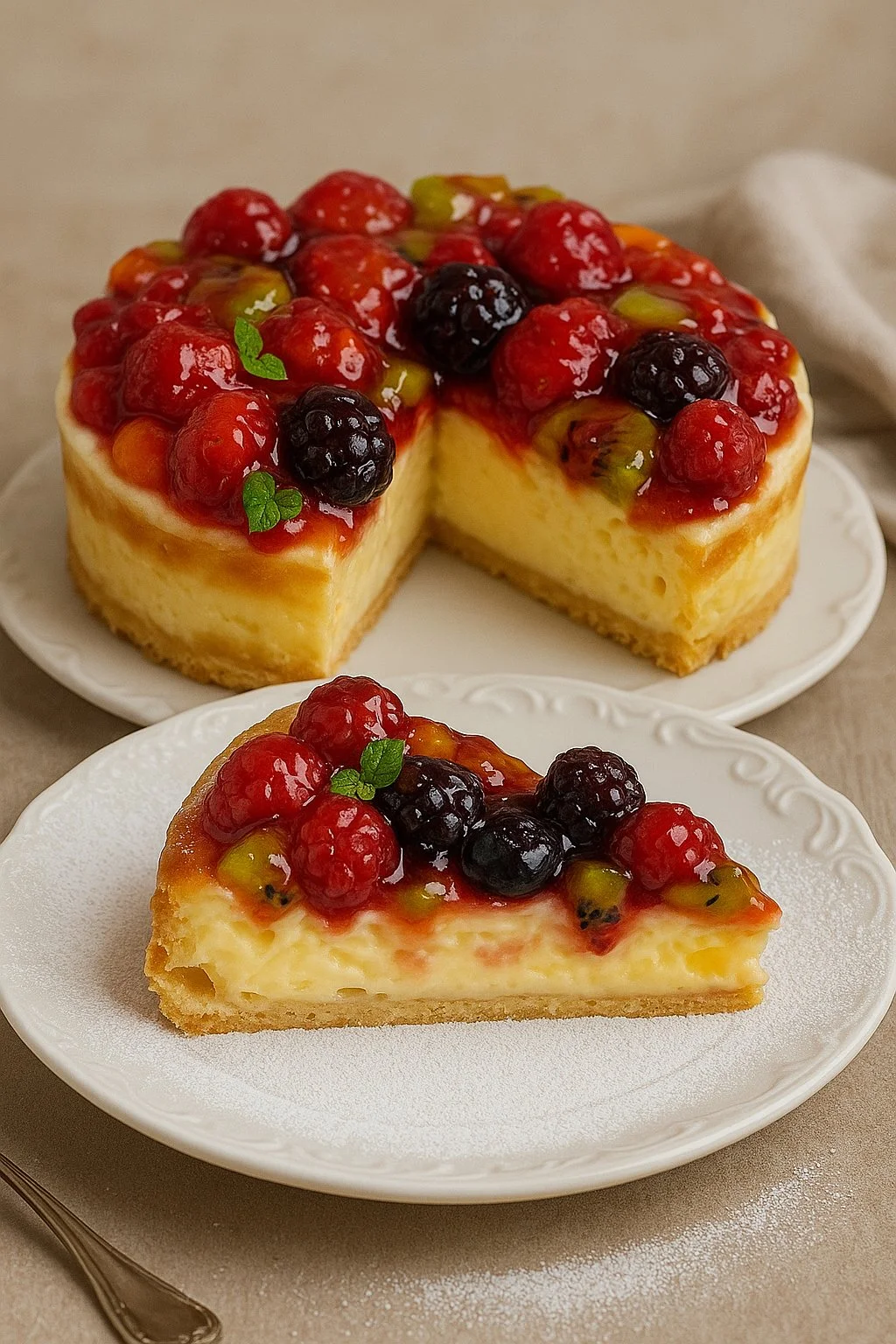 Delicious cold fruit cake with fresh fruits and icing on a white plate.