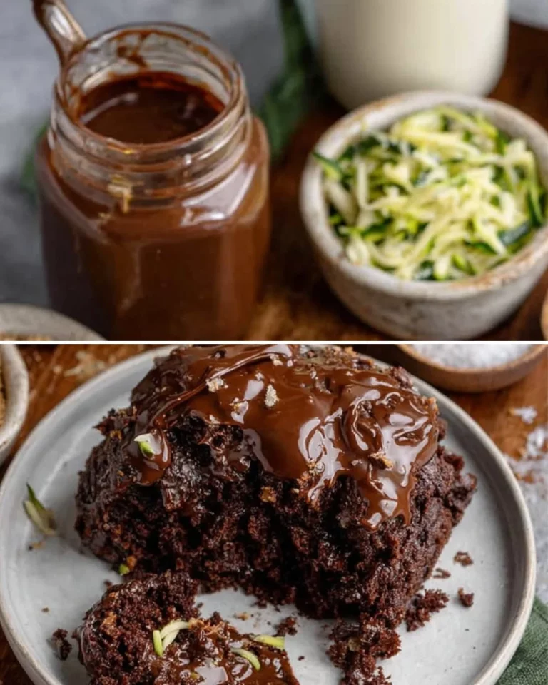 Gluten-free chocolate zucchini cake topped with chocolate frosting and fresh zucchini.