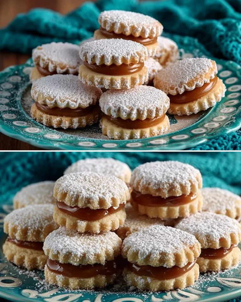 Dulce de leche filled shortbread cookies on a plate, drizzled with caramel