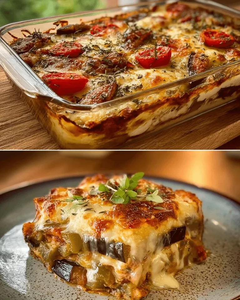 Delicious eggplant casserole served in a baking dish, topped with cheese.