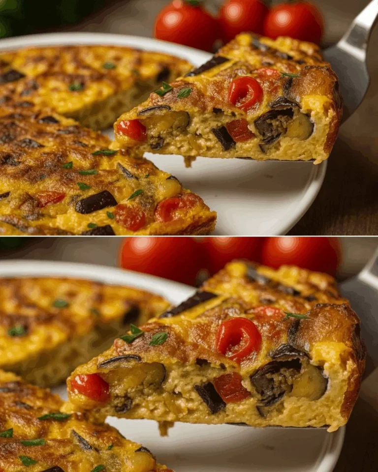 Delicious homemade Eggplant Frittata sliced and served on a plate