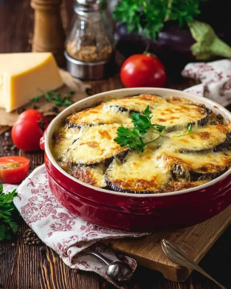 Delicious eggplant gratin topped with creamy béchamel sauce and cheese.