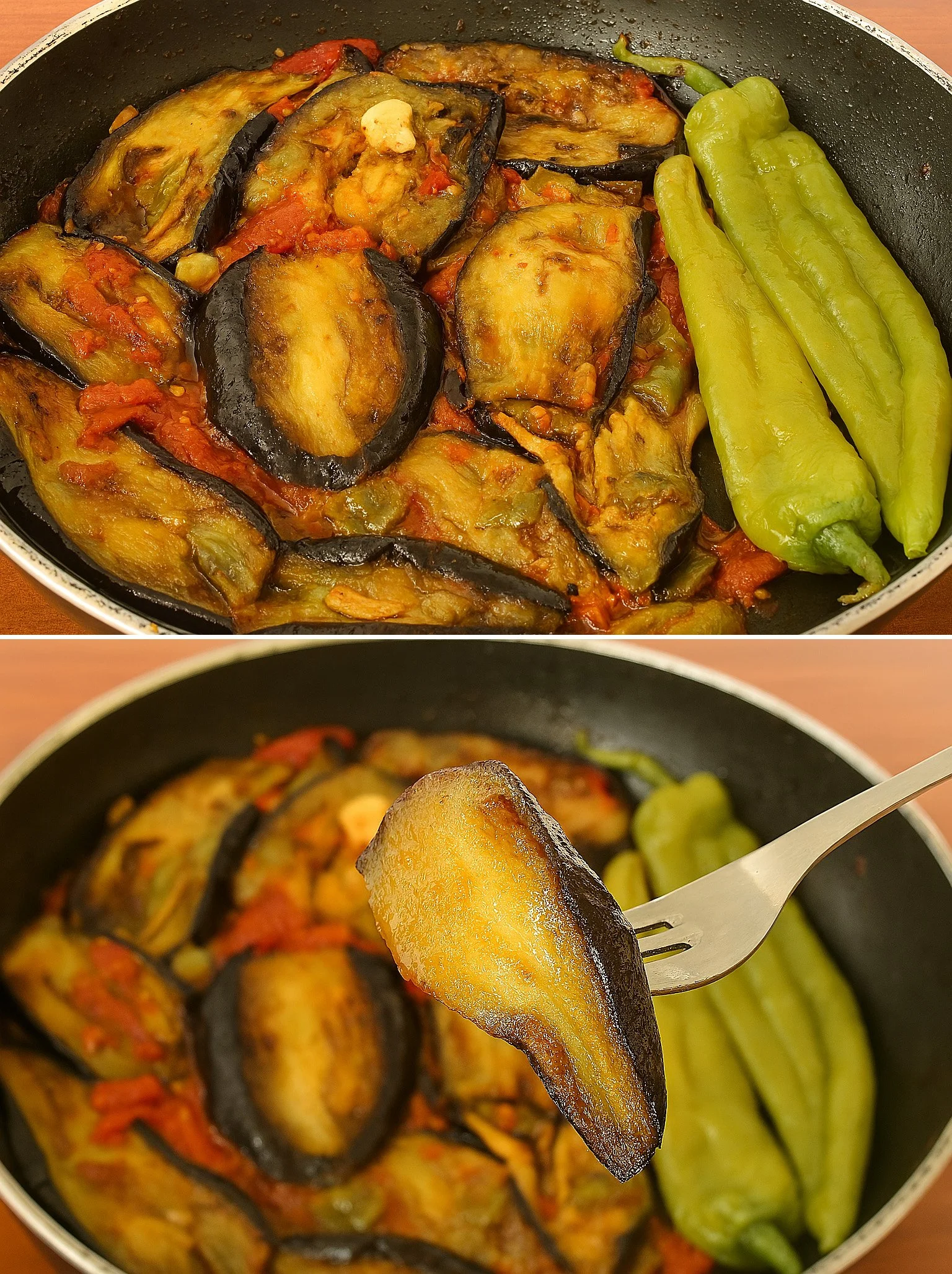 Colorful eggplant, green pepper, and tomato stir-fry in a skillet