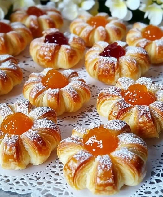 Flower-shaped pastries filled with colorful jam, perfect for dessert.