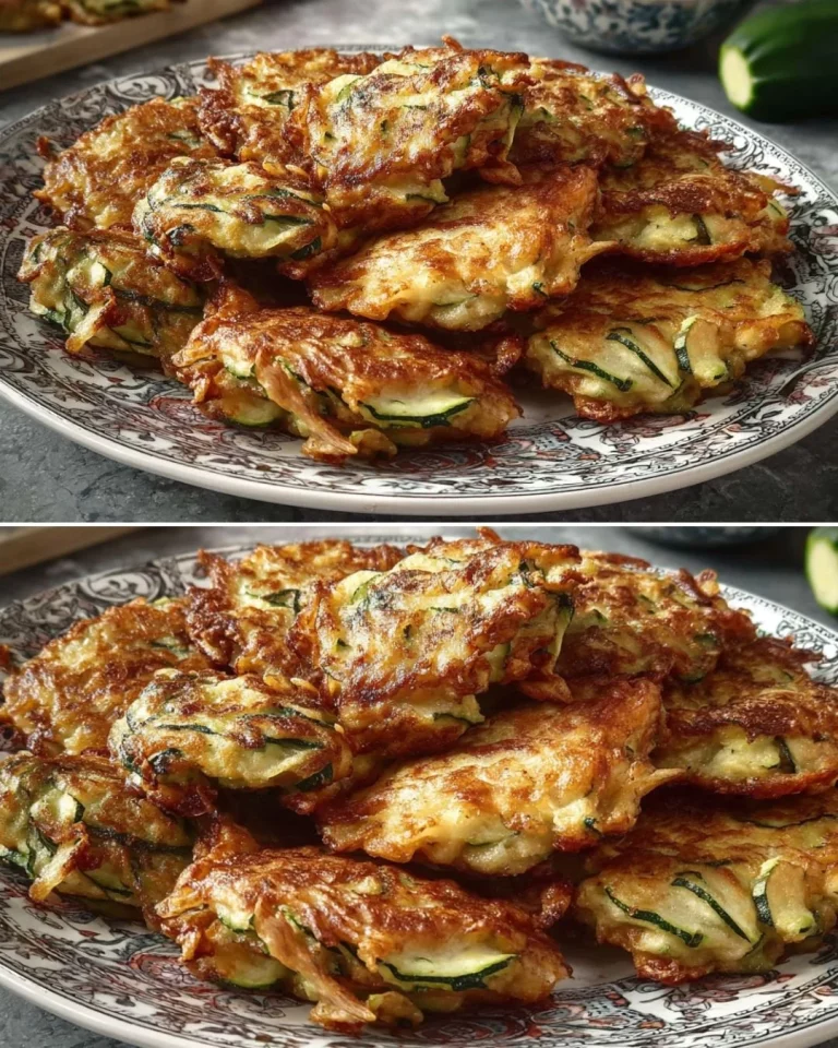 Crispy fried zucchini pancakes served on a plate with a dipping sauce.
