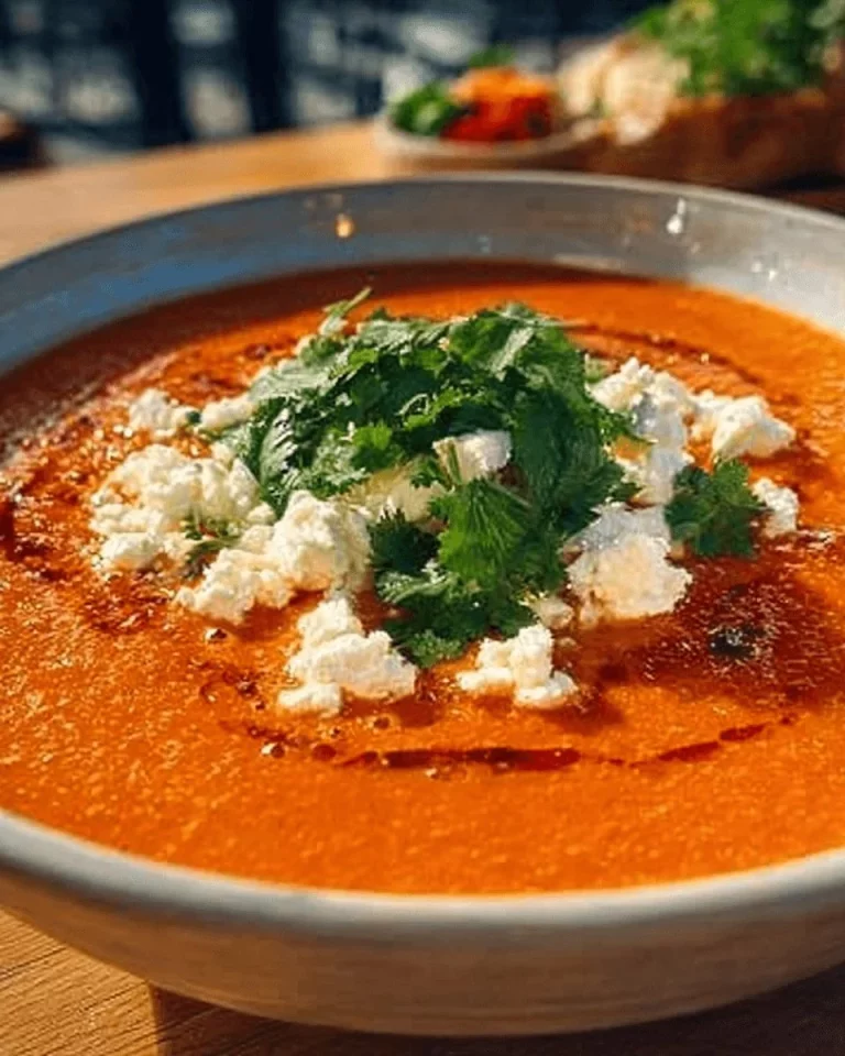 Bowl of gazpacho with tofu, garnished with fresh vegetables
