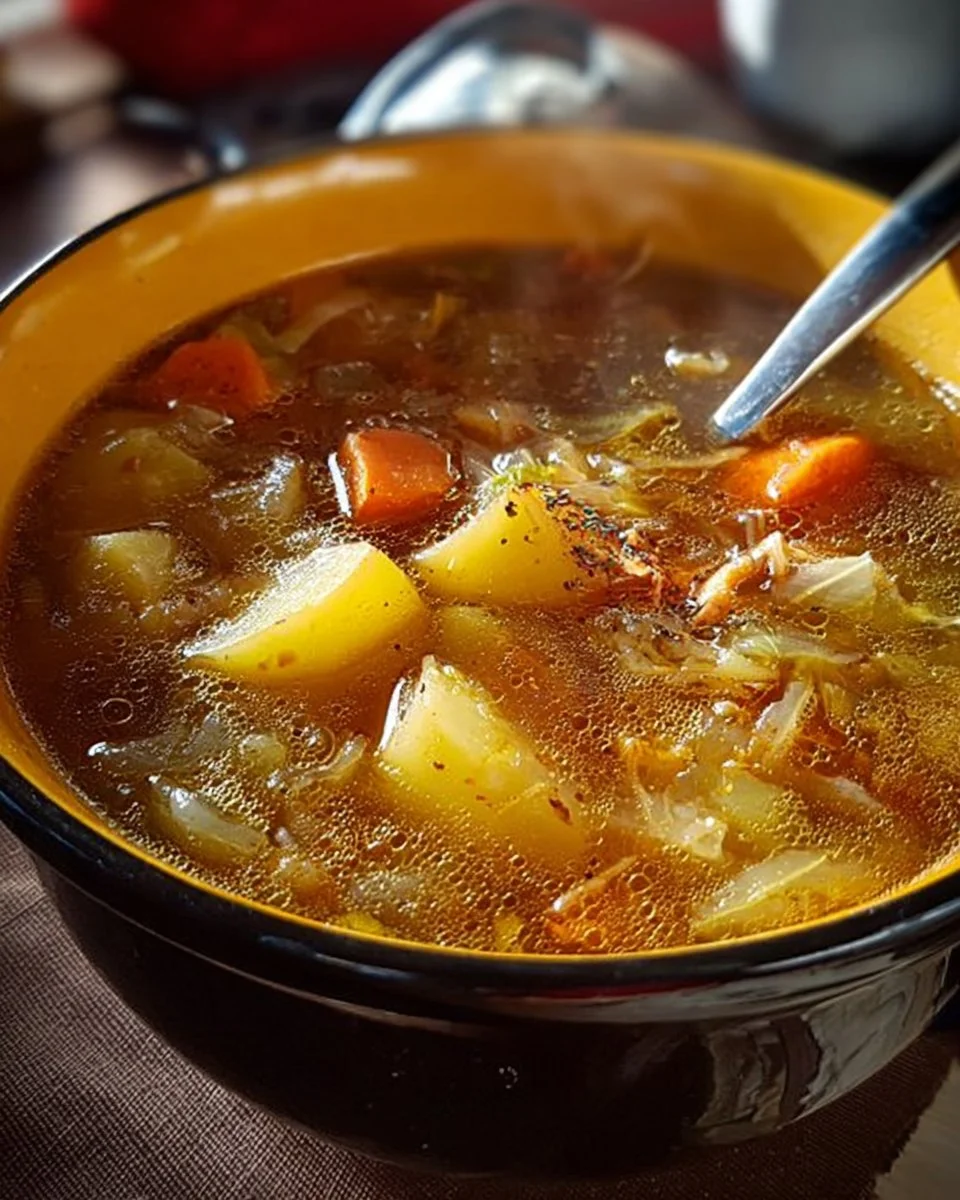 Delicious ground beef cabbage soup in a bowl, garnished with fresh herbs.