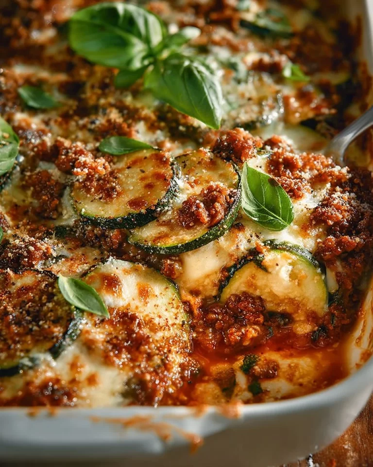 Ground beef zucchini casserole dish topped with cheese and herbs