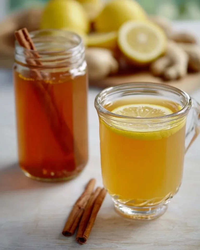 Homemade detox tea with lemon, ginger, and turmeric in a glass mug