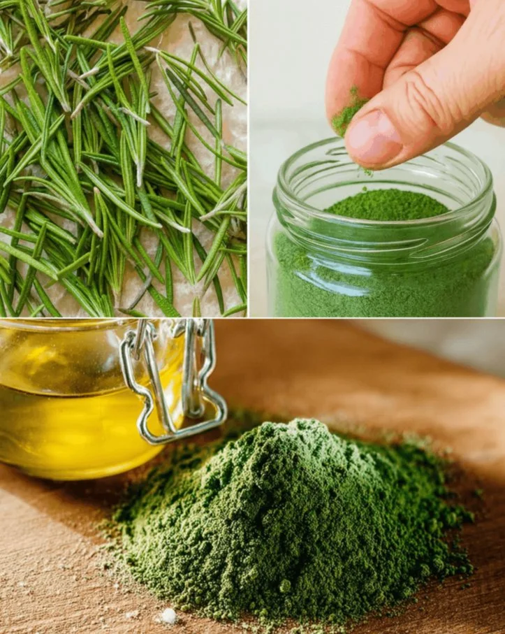 Homemade rosemary powder in a glass jar beside fresh rosemary sprigs.