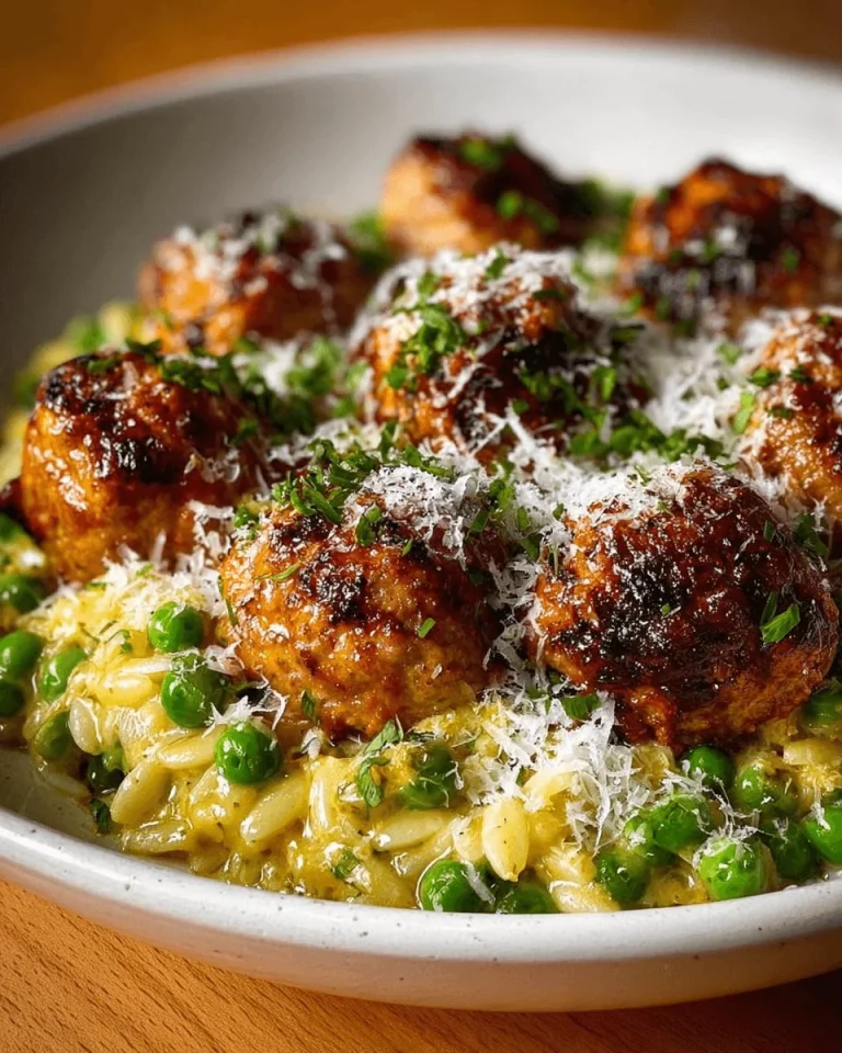 Lemony Boursin Chicken Meatballs served with cheesy asparagus orzo