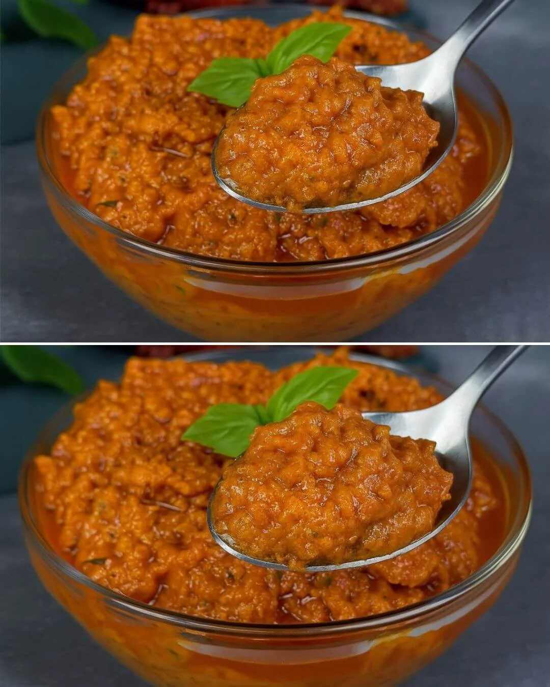 Bowl of Mediterranean sun-dried tomato pesto with fresh herbs and ingredients.