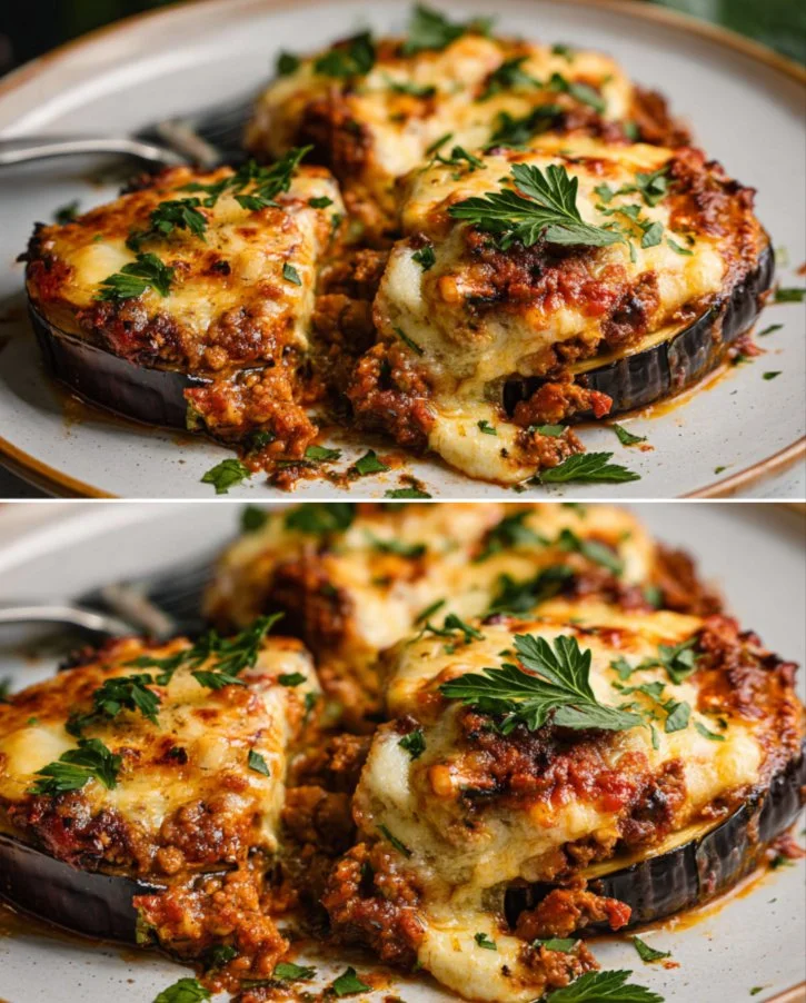 Delicious Greek stuffed eggplant with meat, Melitzanes Papoutsakia on a plate.