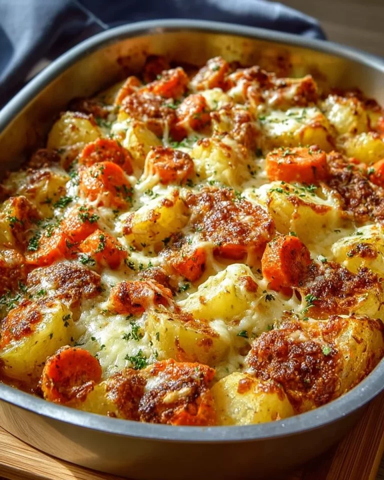 Delicious minced meat casserole topped with cheese and herbs