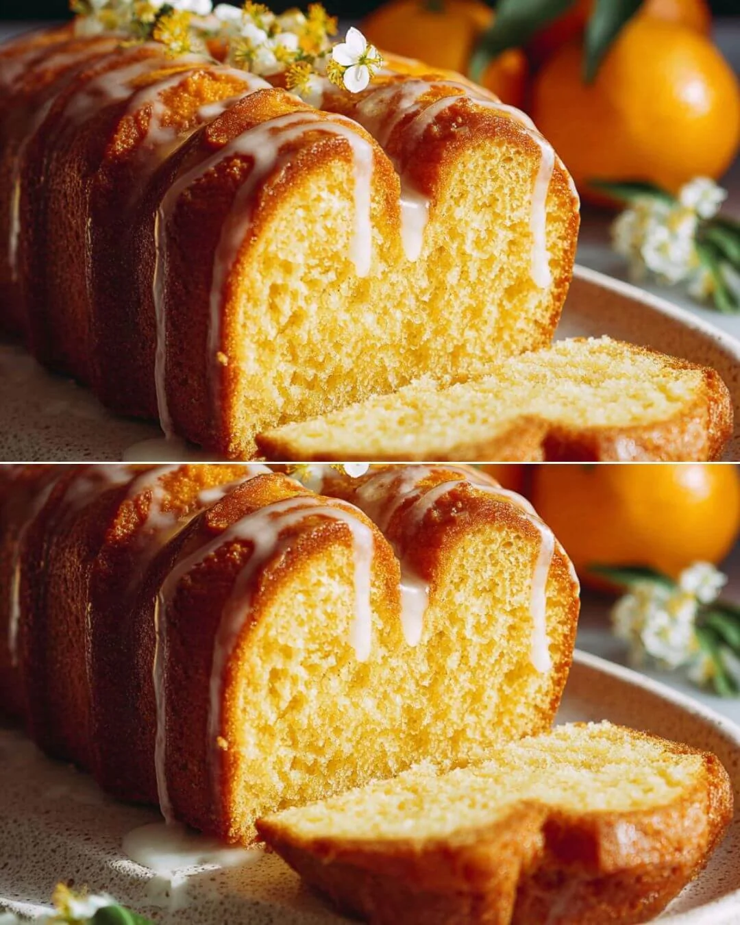 Slice of orange blender cake on a plate garnished with orange slices