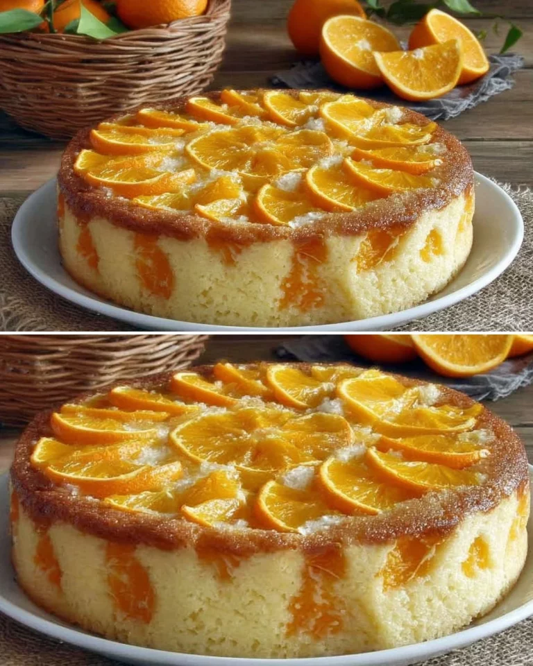 A delicious orange upside-down cake with caramelized orange slices on top.