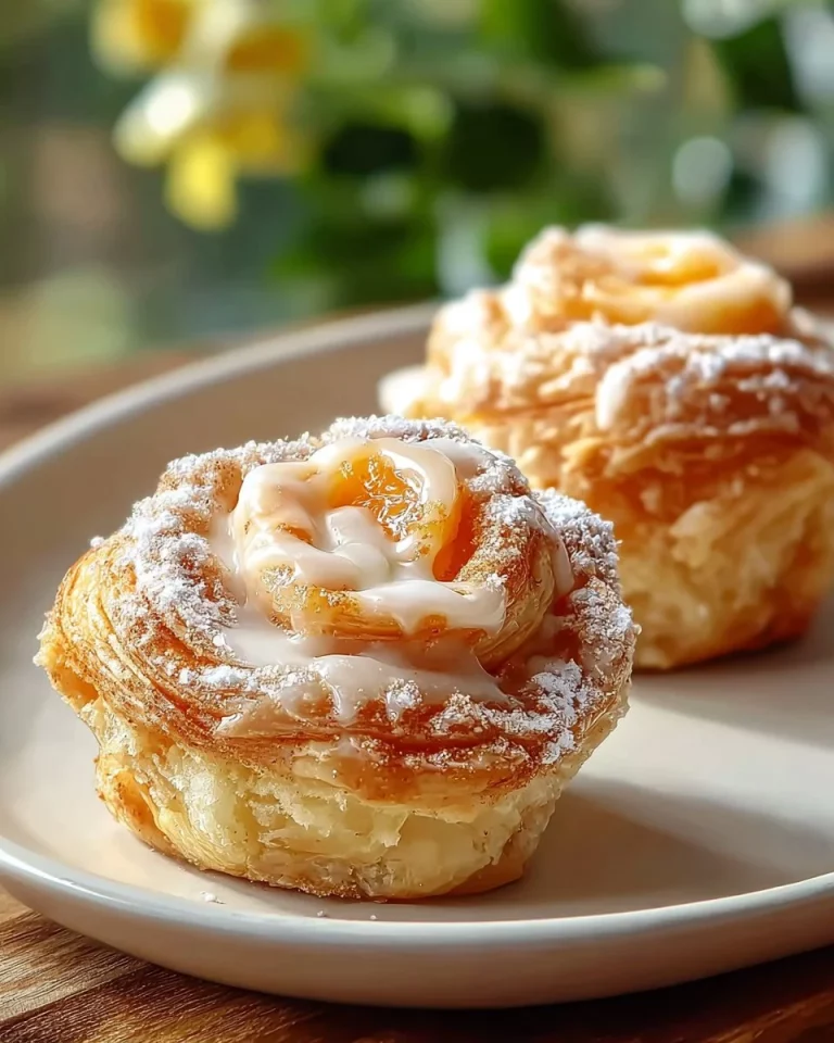 Peach Pie Cruffins fresh out of the oven, showcasing flaky layers and juicy peach filling.