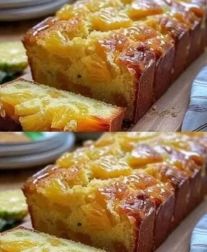 Loaf of homemade pineapple quick bread on a wooden cutting board