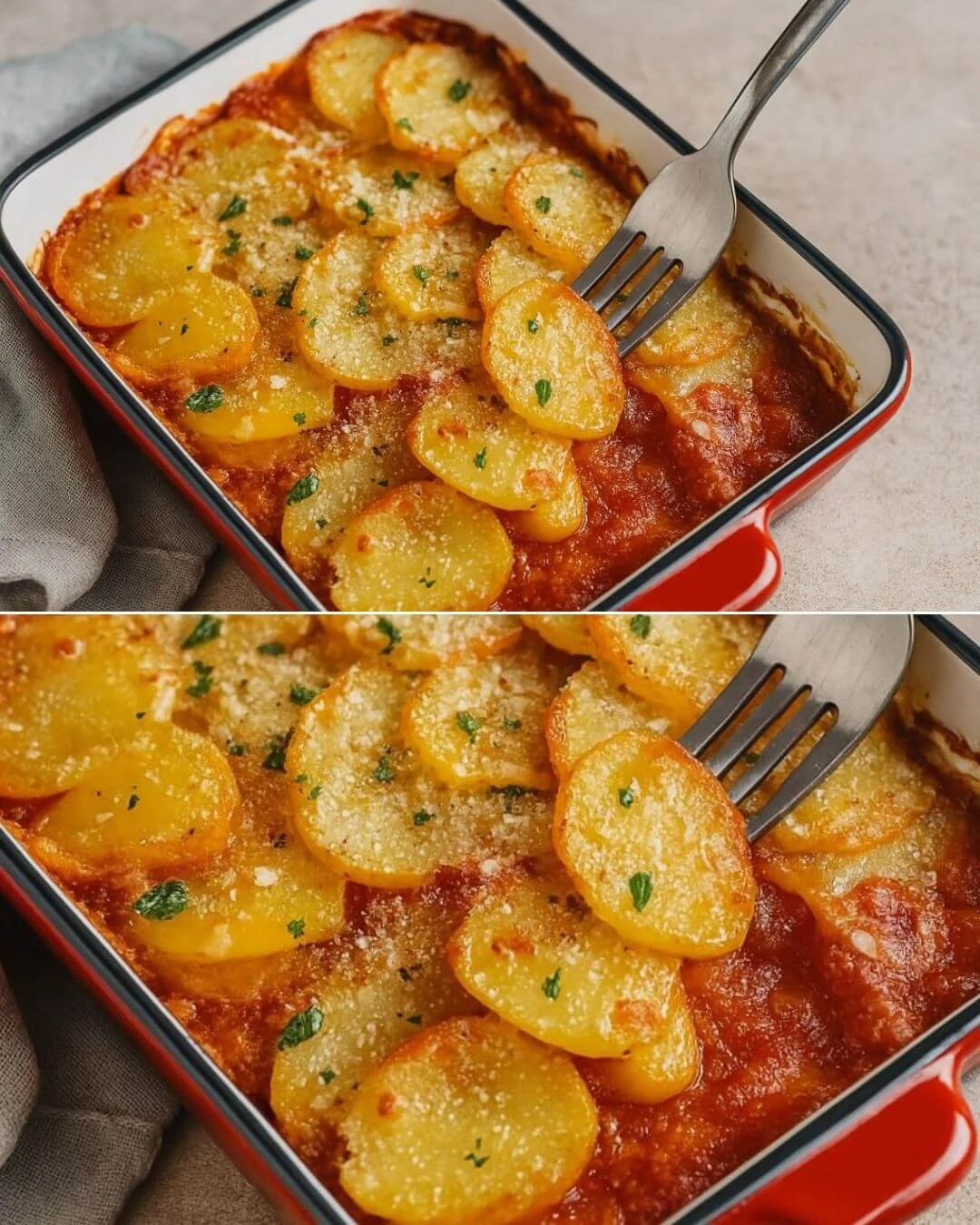 Baked potato and tomato casserole dish with herbs and cheese